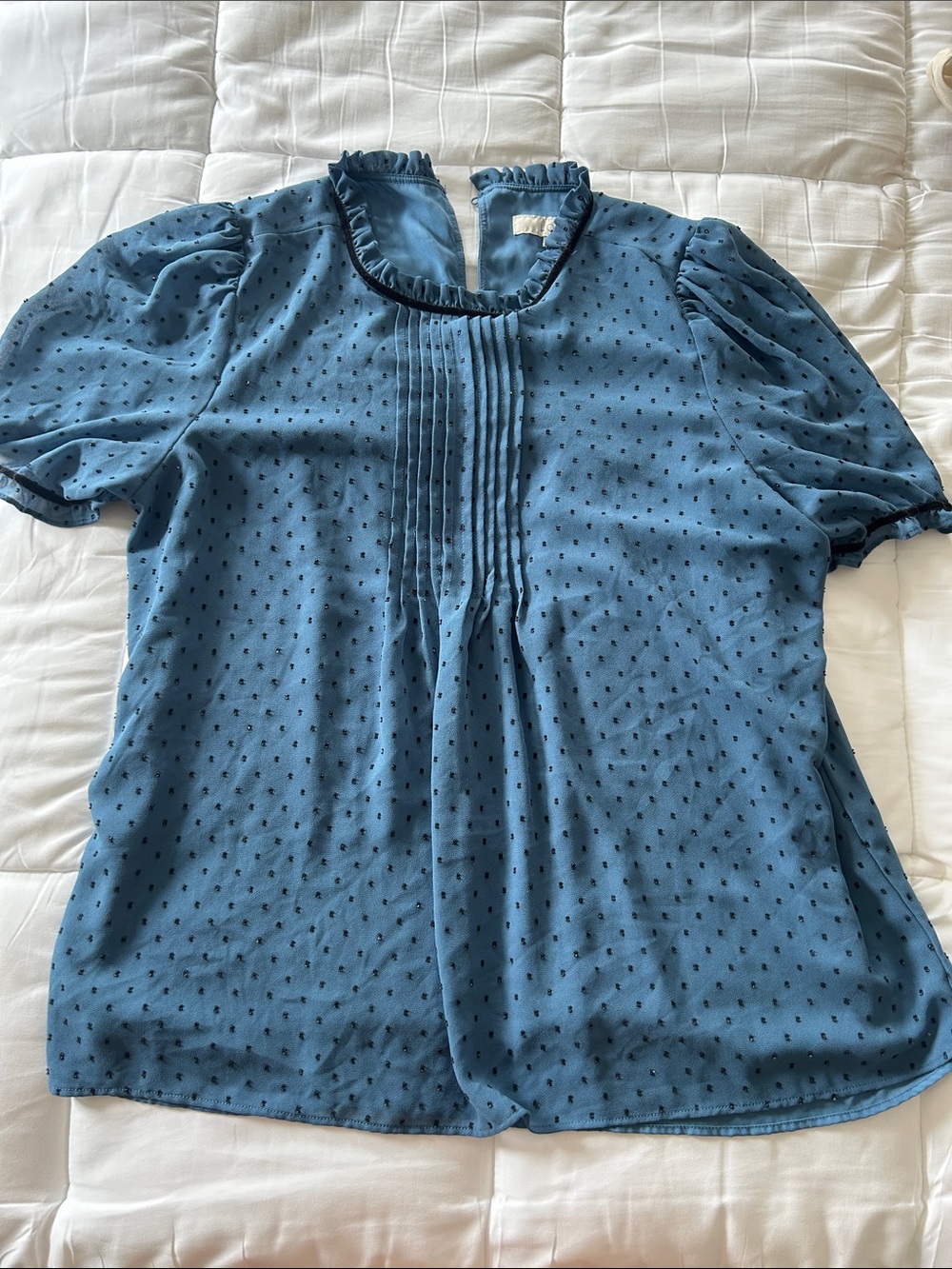 LOFT Dusty Blue Pintuck Ruffled Neck Blouse
